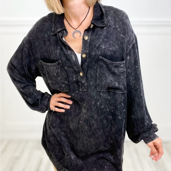 white birch Tops - Black Acid Wash Button-Up Shirt White Birch
